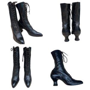 Original Vintage 1910s-1920s Black Lace Up Louis Heel Boots | Approx Sz 6-6.5